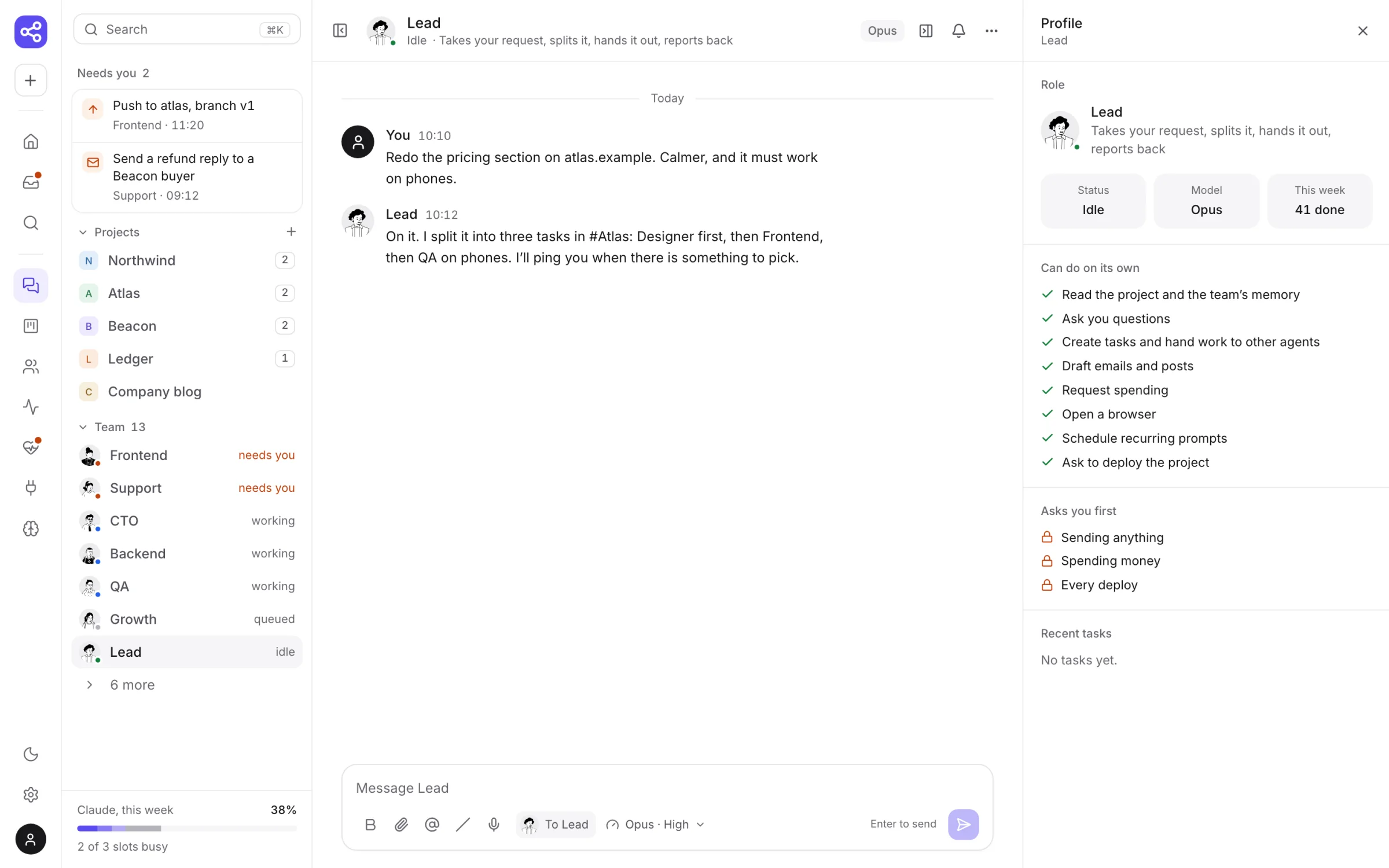 A direct message with Lead: the owner asks to redo the pricing section; Lead splits it into three tasks.