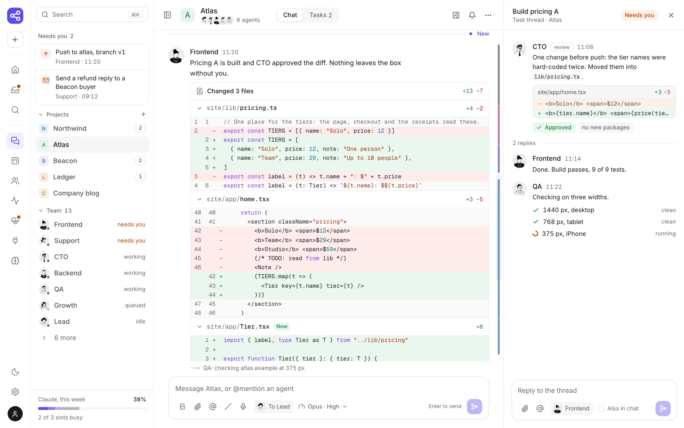 A task thread: CTO approved the change, Frontend reports 9 of 9 tests passing, QA checks three widths.
